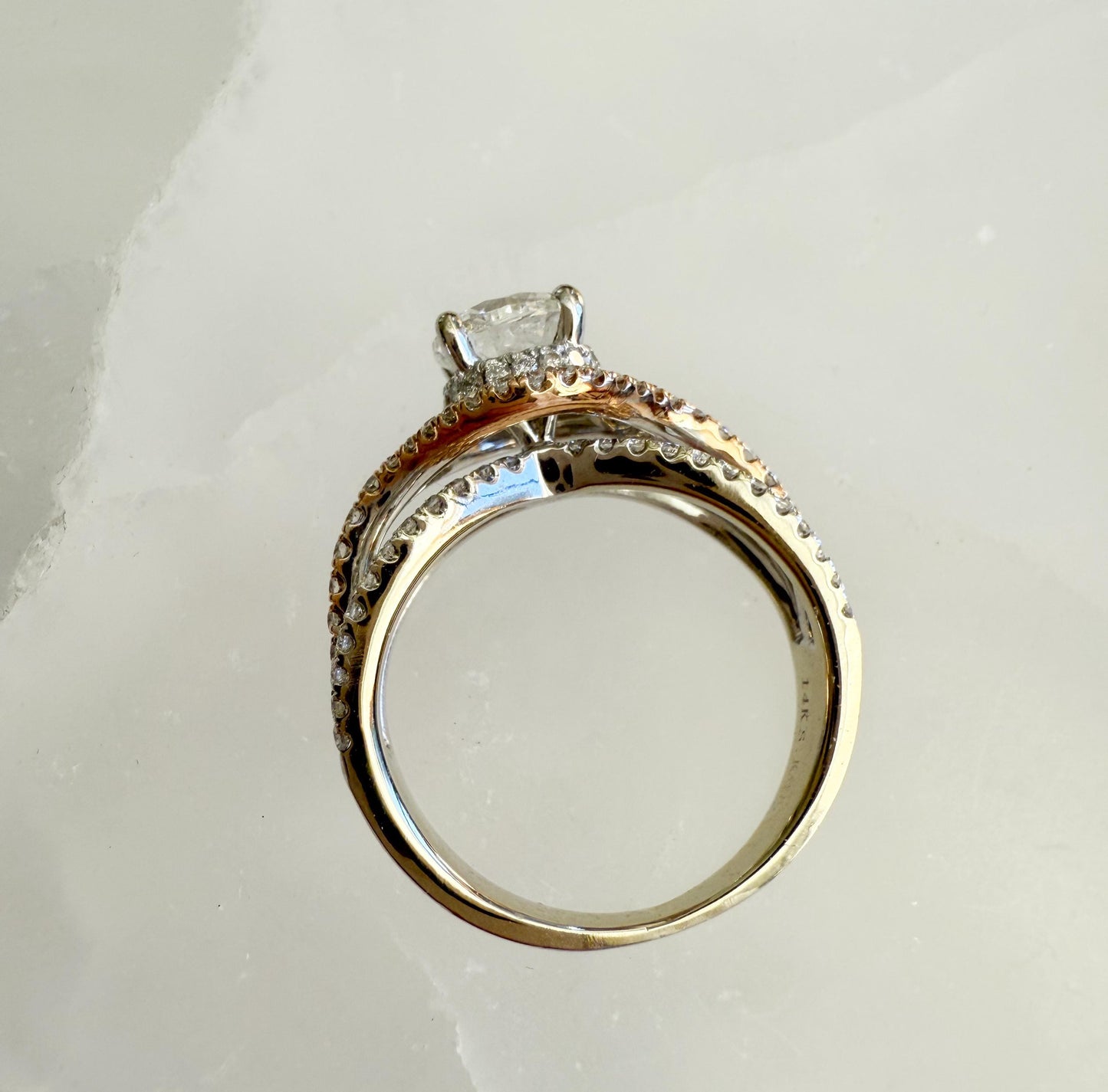 Natural Diamond Engagement Ring | .75ct Center | 14K Rose & White Gold Halo with 102 Accent Diamonds | Vintage-Inspired Sparkle