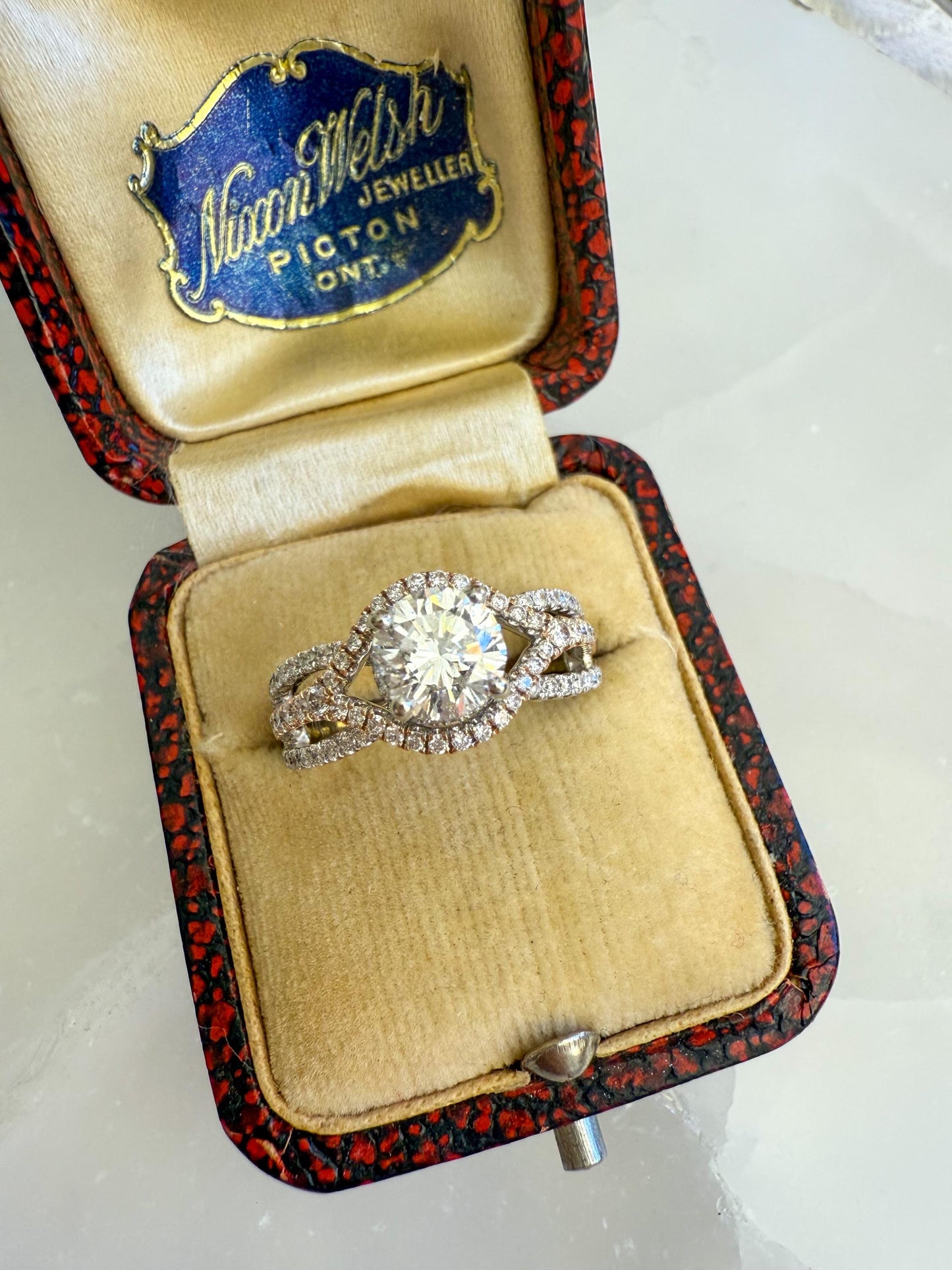 Natural Diamond Engagement Ring | .75ct Center | 14K Rose & White Gold Halo with 102 Accent Diamonds | Vintage-Inspired Sparkle