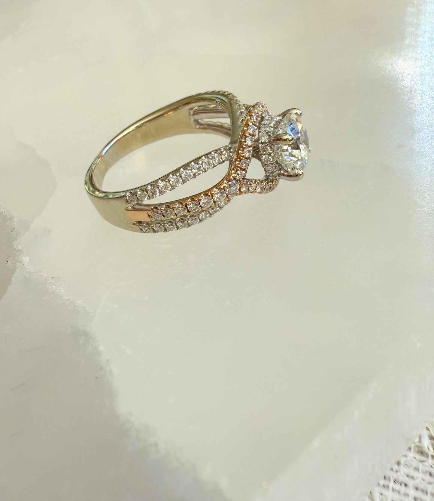 Natural Diamond Engagement Ring | .75ct Center | 14K Rose & White Gold Halo with 102 Accent Diamonds | Vintage-Inspired Sparkle