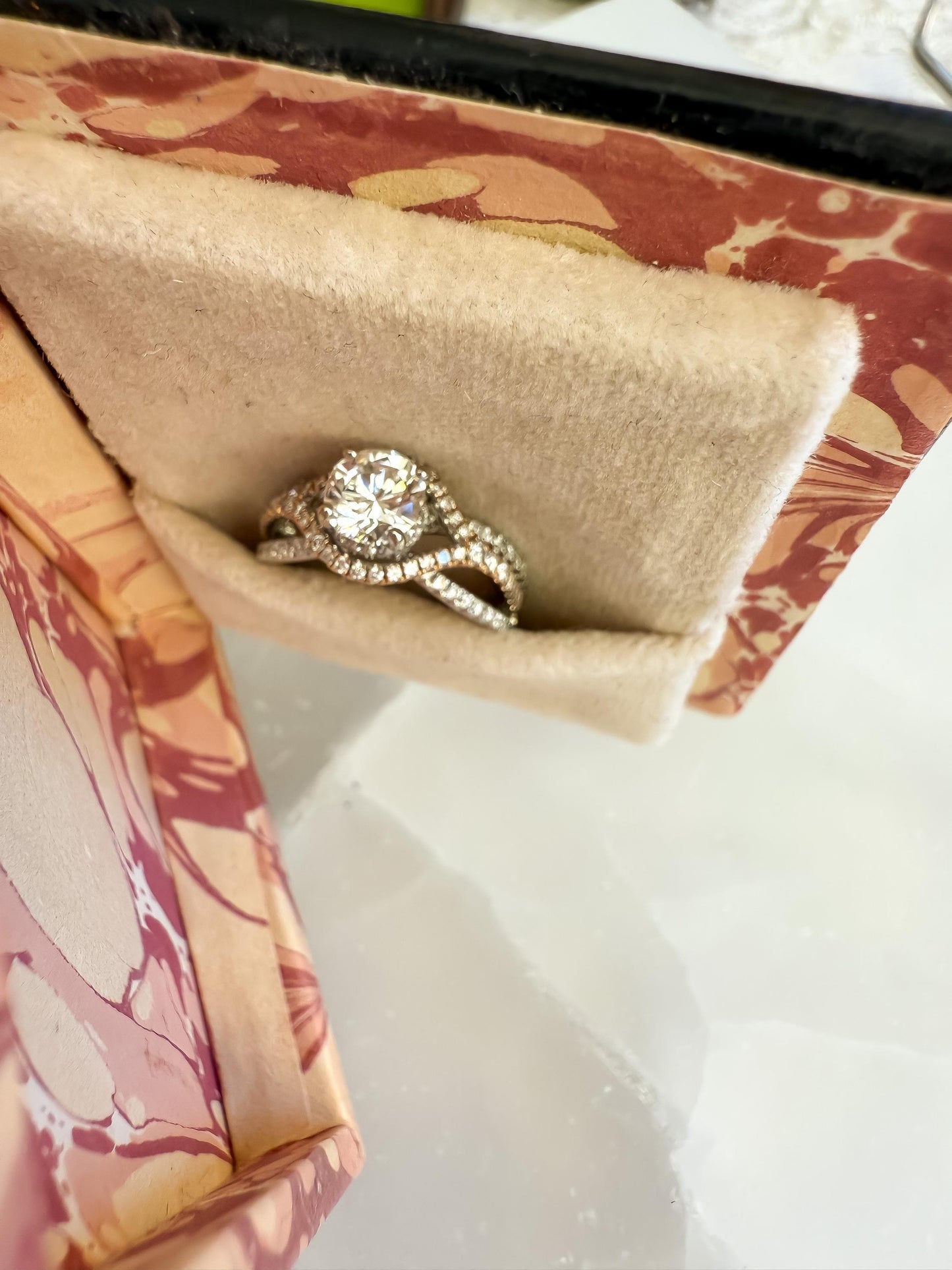 Natural Diamond Engagement Ring | .75ct Center | 14K Rose & White Gold Halo with 102 Accent Diamonds | Vintage-Inspired Sparkle