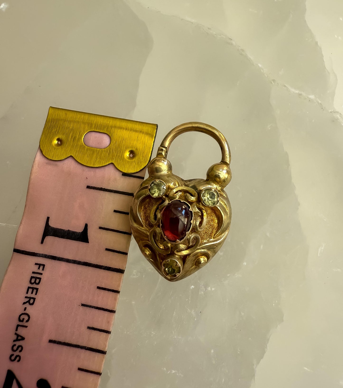 Antique 15K Gold Heart Padlock Locket with Garnet & Chrysoberyl Accents
