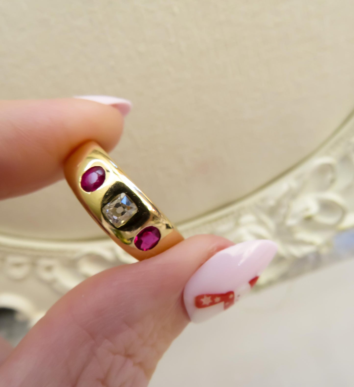 Antique 18K Gold Old Mine Cut Diamond & Ruby Trilogy Ring