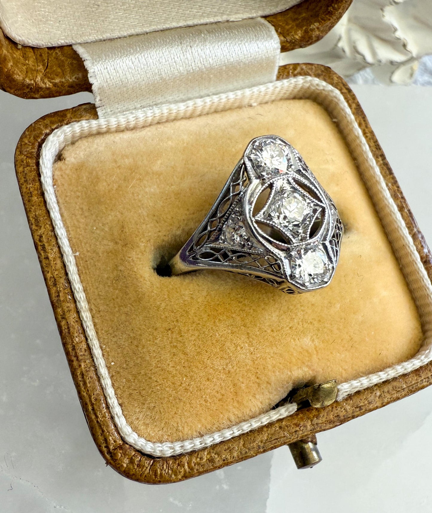 Platinum Art Deco Filigree Ring with Old European Cut Diamonds