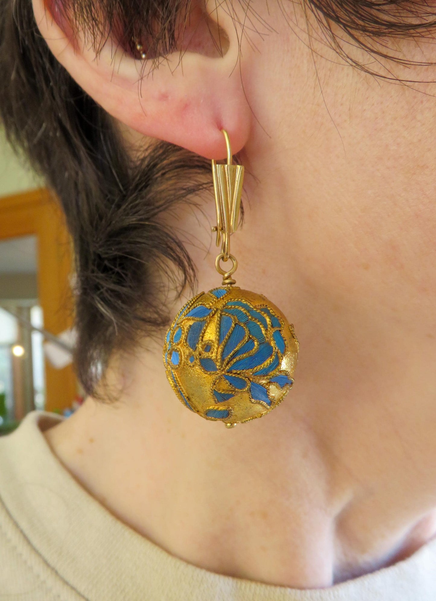 Vintage Kingfisher Feather Ball Drop Earrings 14K