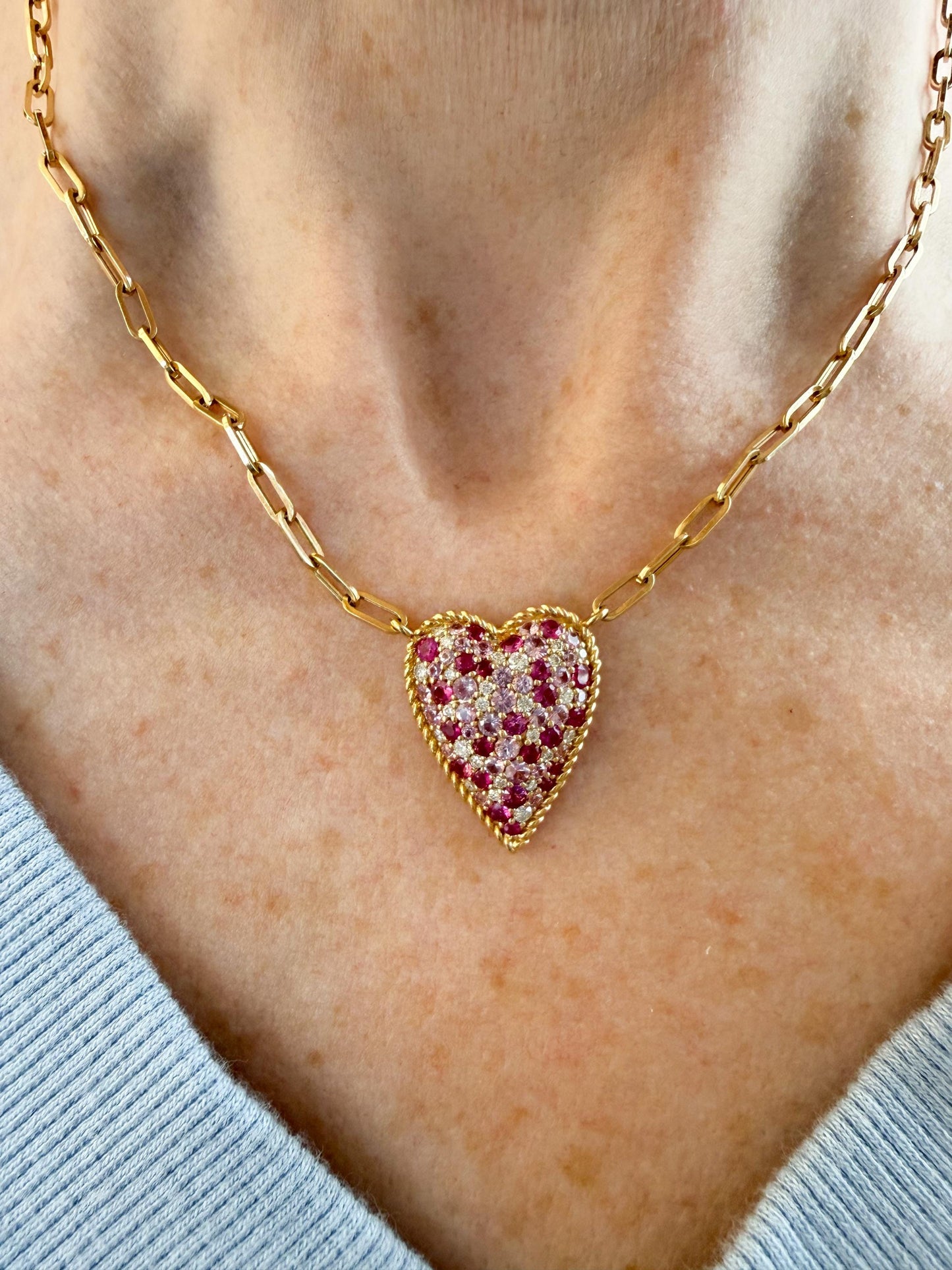 14K Yellow Gold Heart Necklace with Diamond & Pink Sapphire Confetti