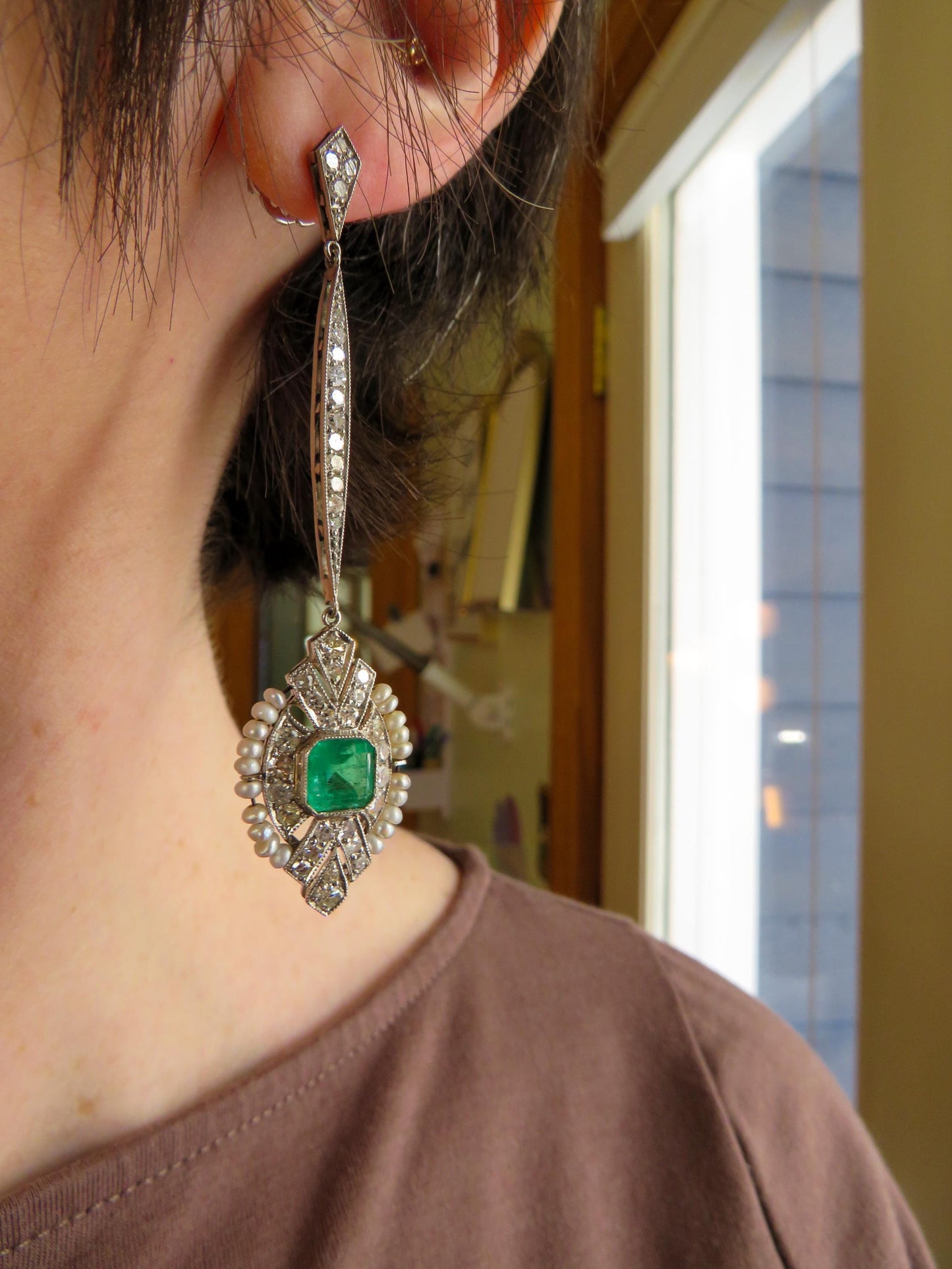 Art Deco Emerald & Diamond Cocktail Earrings | Platinum, Pearls and Old-Cut Diamonds