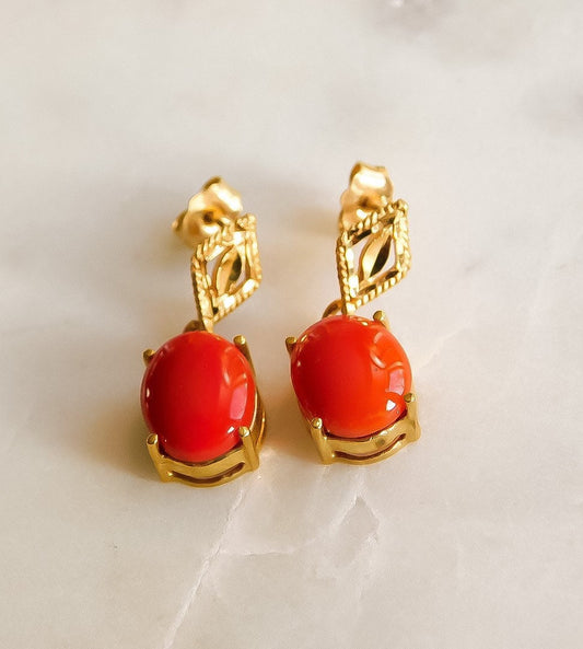 Vintage 14K Yellow Gold and Beautiful Red Coral Earrings
