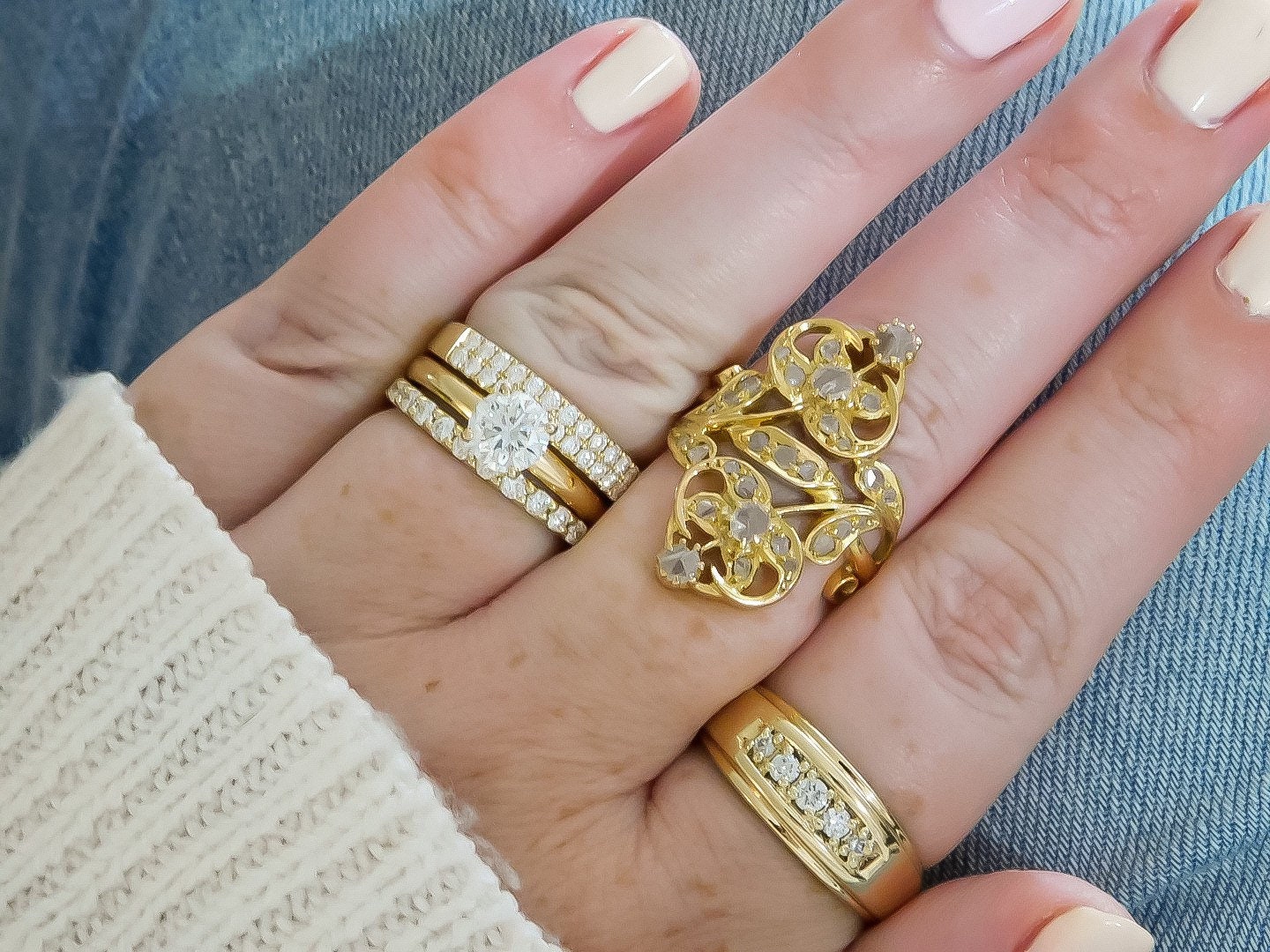 Wide Gold and Diamond Band for Wedding or Stacking