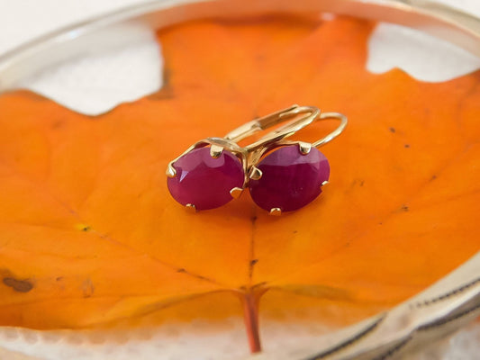 Vintage Ruby Corundum Lever Back Earrings in 10K Yellow Gold