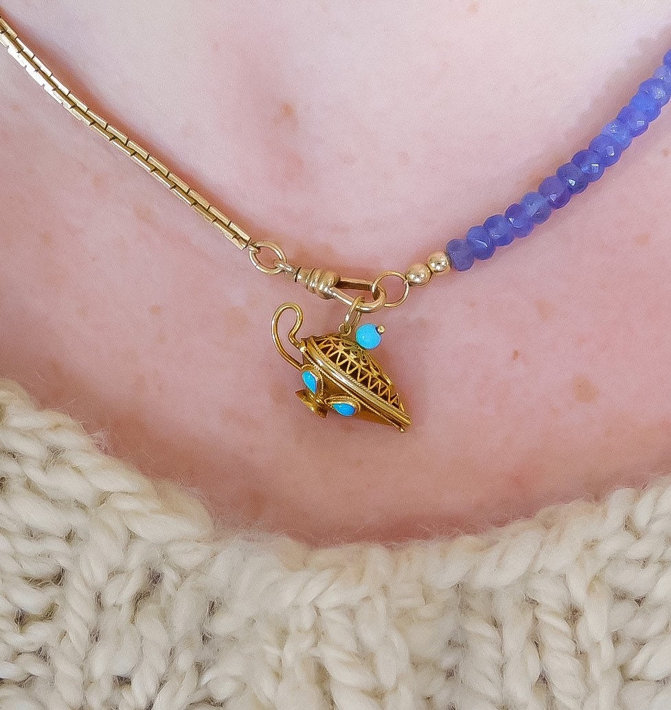 Vintage Oil Lamp Vinaigrette Charm 14K Yellow Gold and Turquoise
