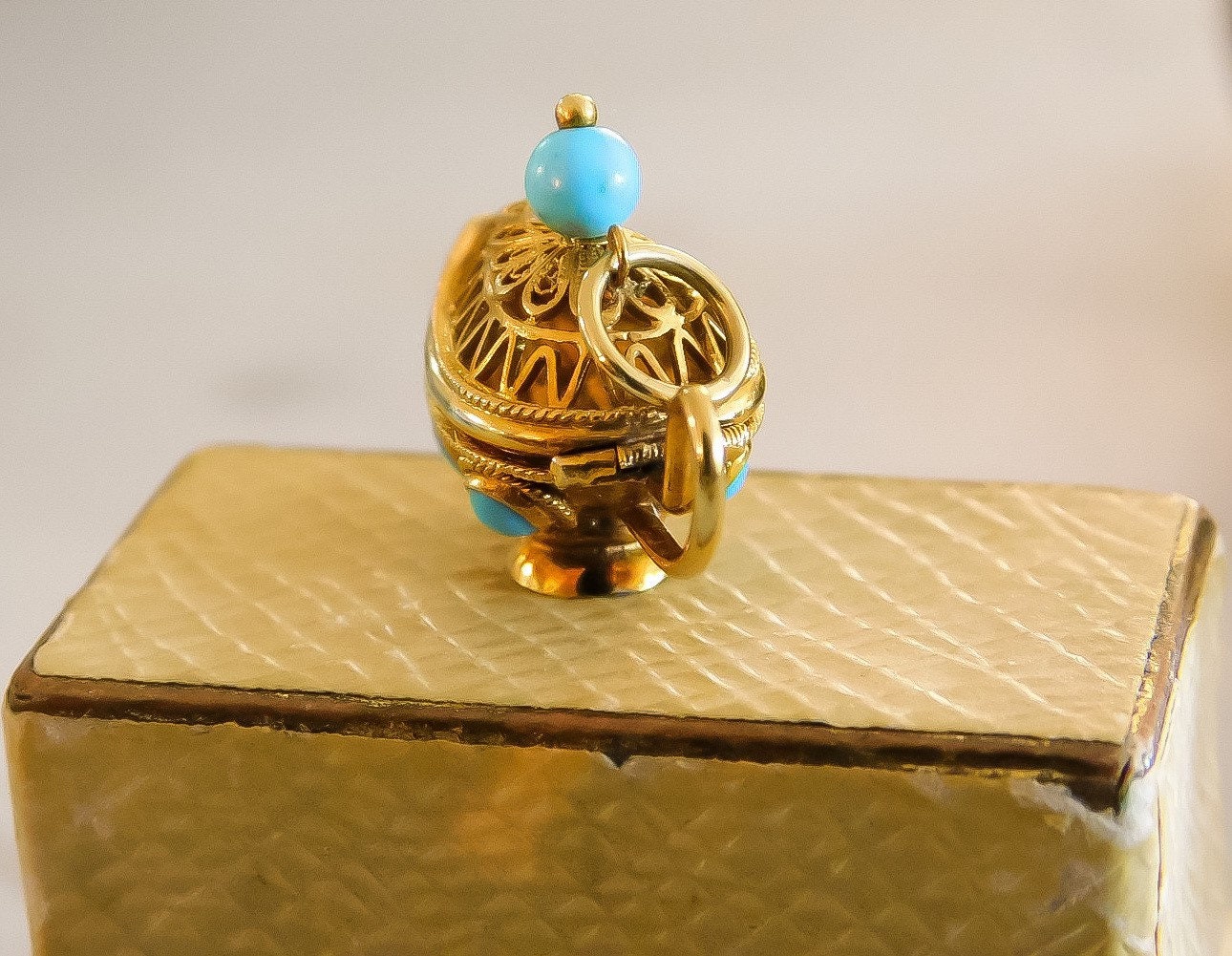 Vintage Oil Lamp Vinaigrette Charm 14K Yellow Gold and Turquoise