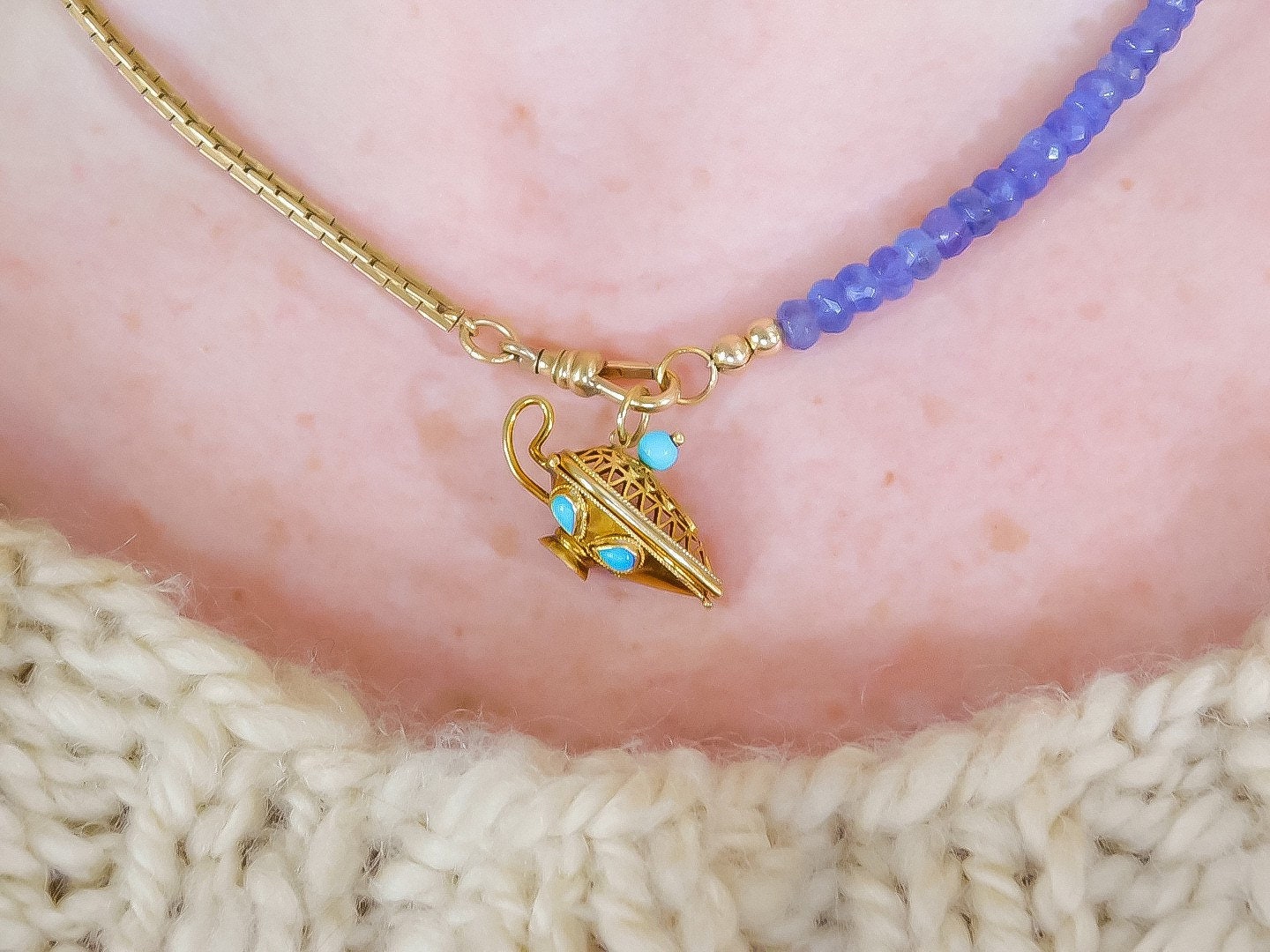 Vintage Oil Lamp Vinaigrette Charm 14K Yellow Gold and Turquoise