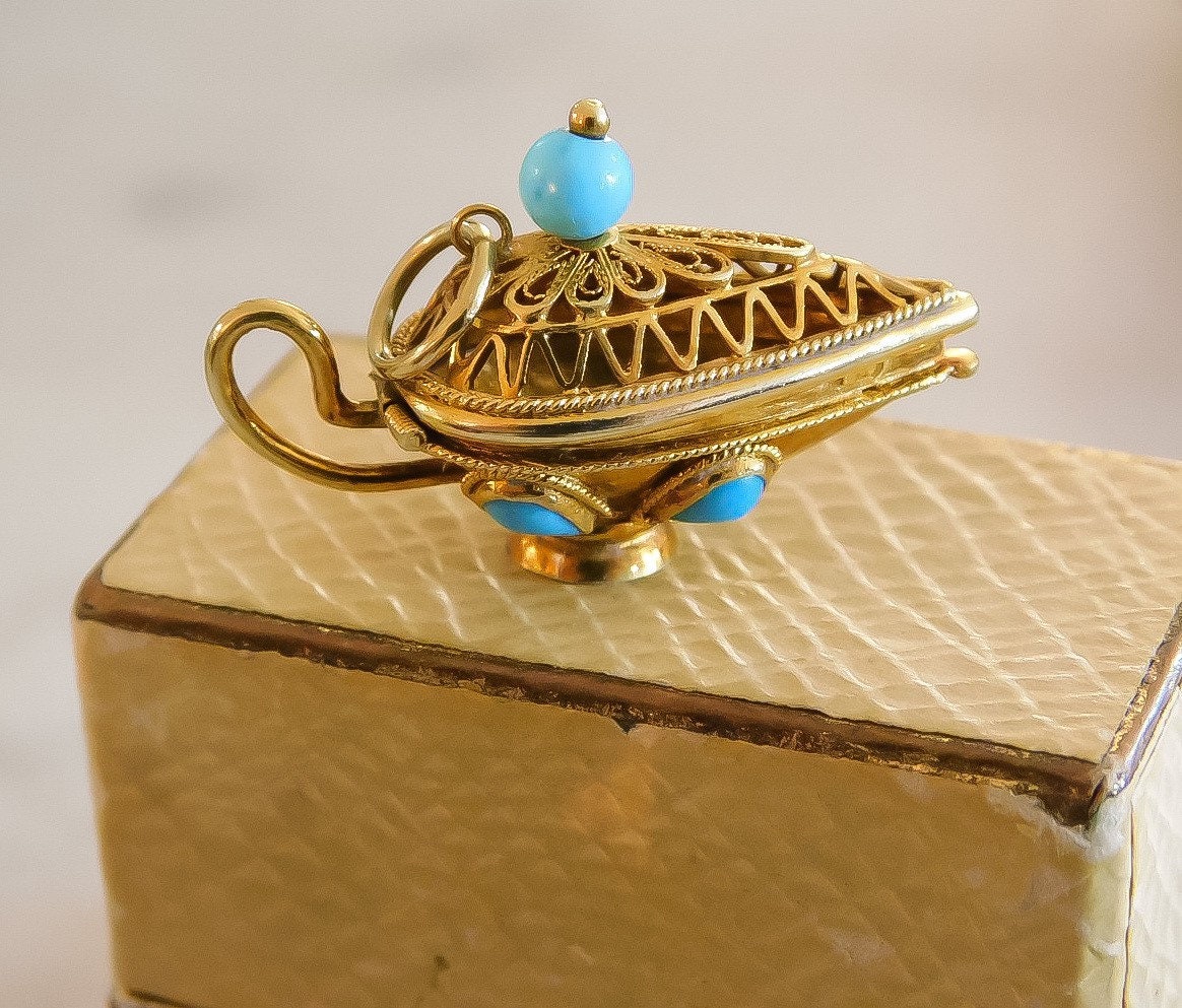 Vintage Oil Lamp Vinaigrette Charm 14K Yellow Gold and Turquoise