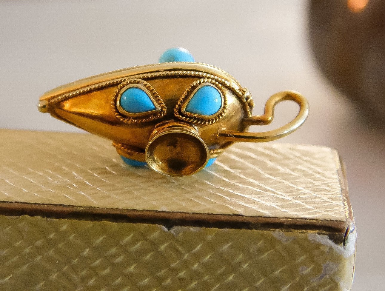 Vintage Oil Lamp Vinaigrette Charm 14K Yellow Gold and Turquoise