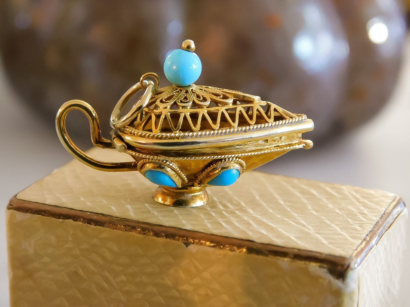 Vintage Oil Lamp Vinaigrette Charm 14K Yellow Gold and Turquoise