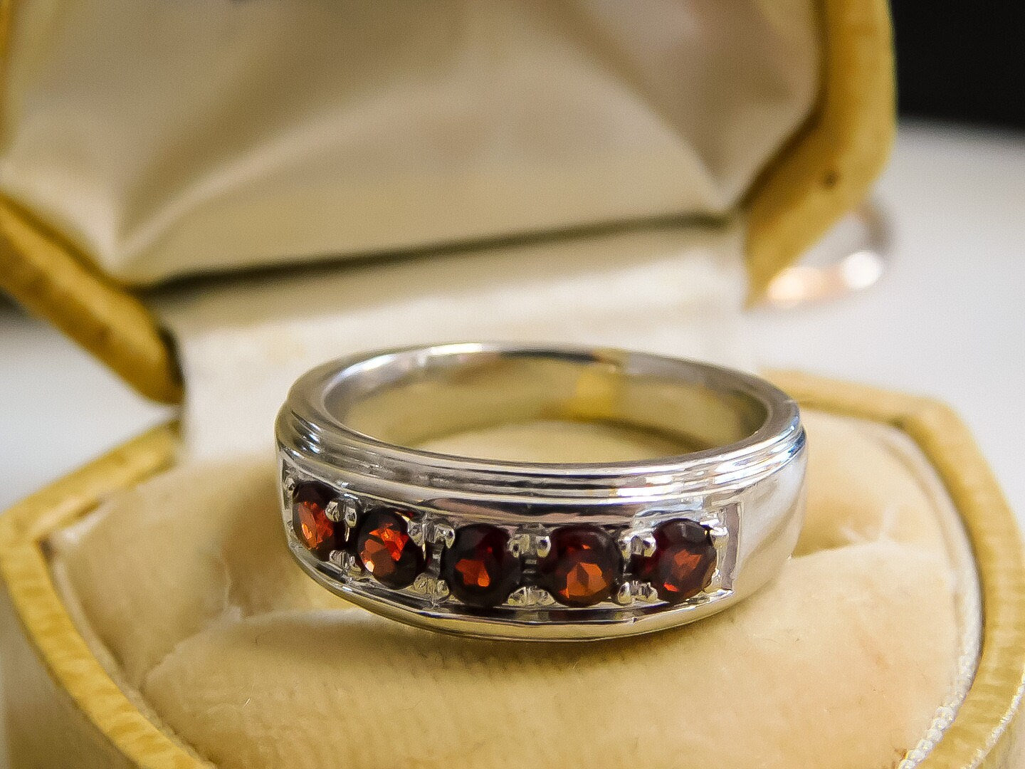 Mens 14K White Gold Garnet Band