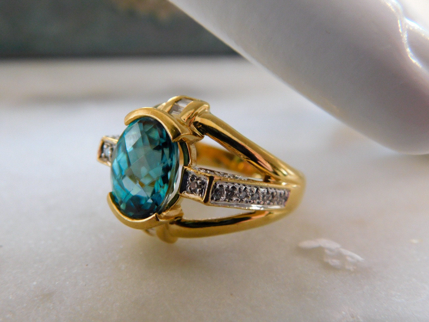 Sculptural Blue Zircon and Diamond Ring