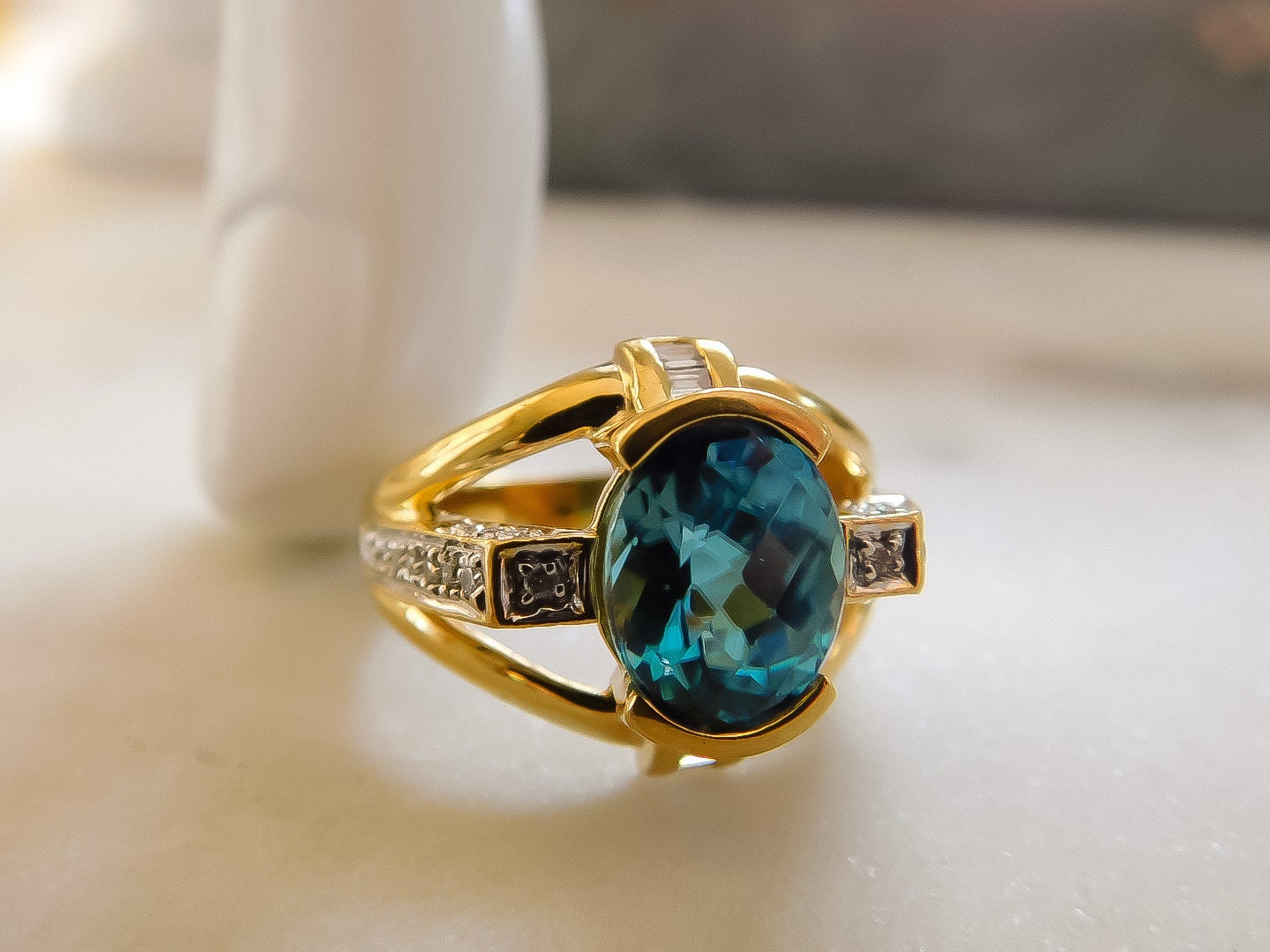 Sculptural Blue Zircon and Diamond Ring