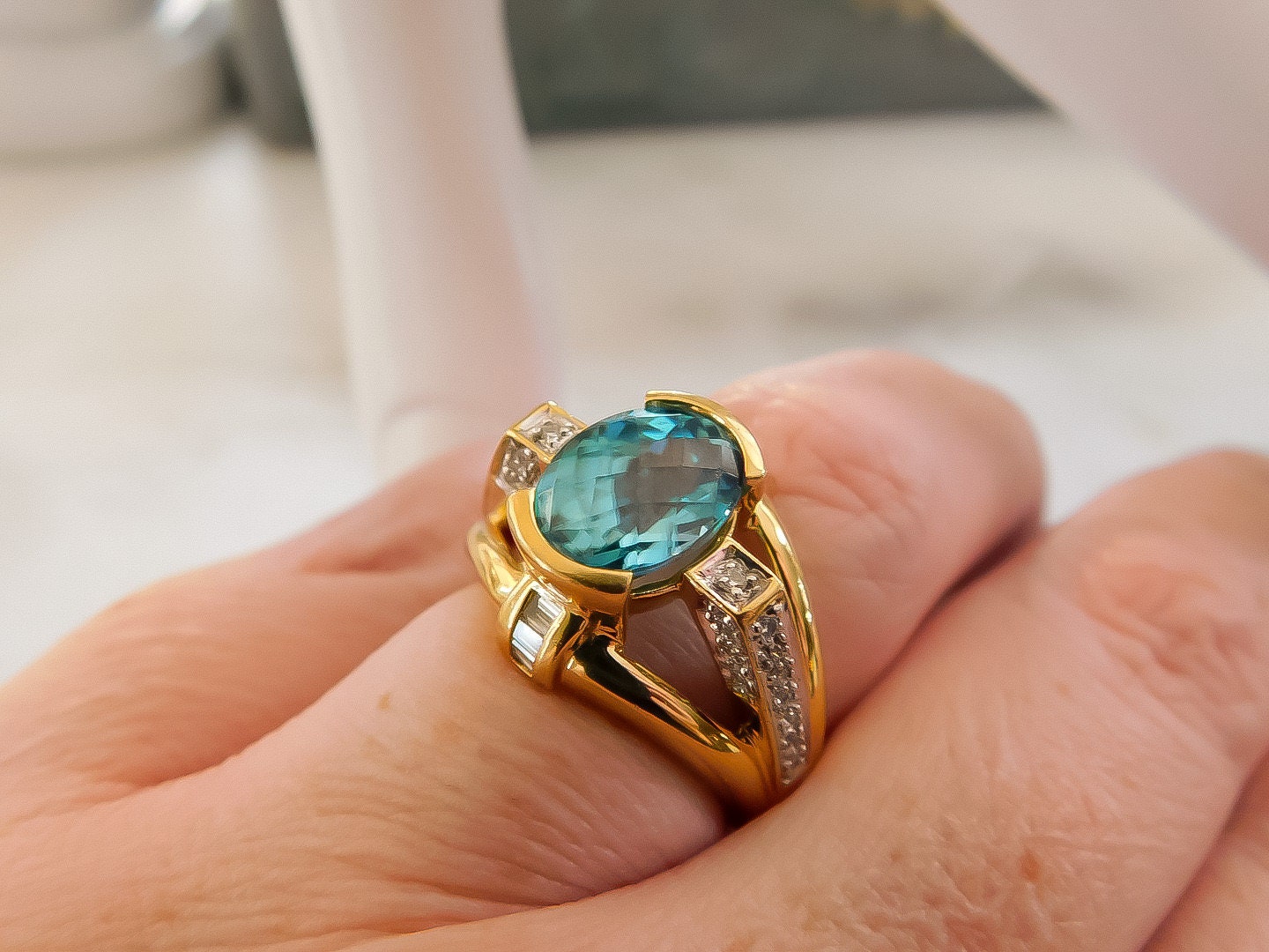 Sculptural Blue Zircon and Diamond Ring