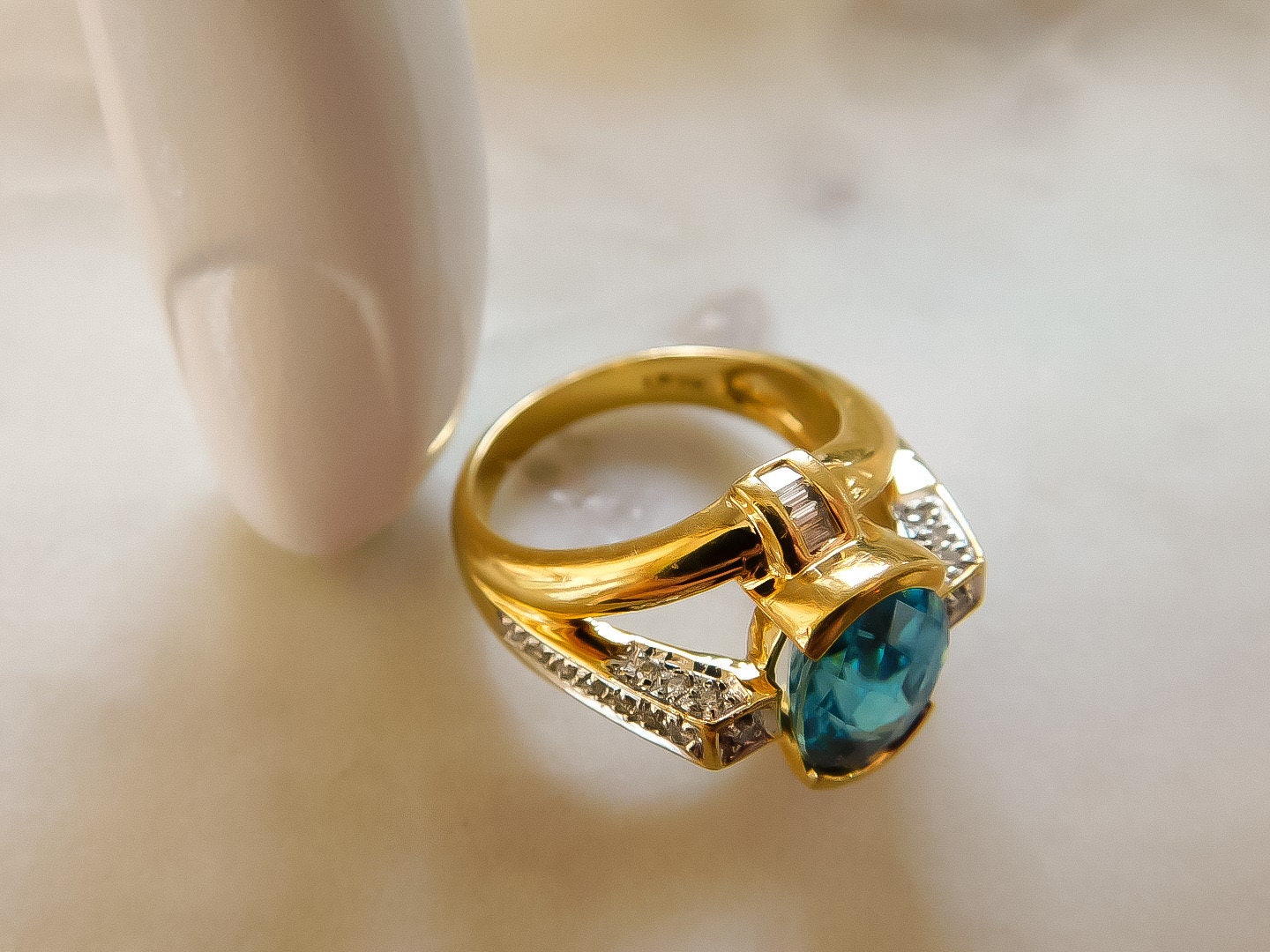 Sculptural Blue Zircon and Diamond Ring