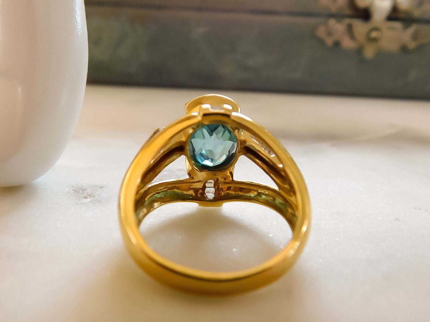 Sculptural Blue Zircon and Diamond Ring