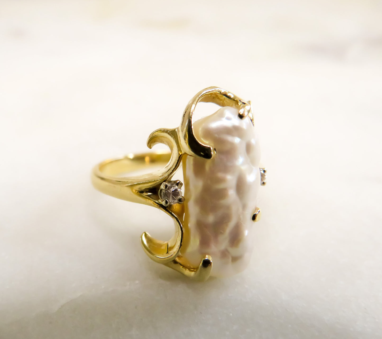 Freshwater Pearl and Diamond Ring in 14K Gold