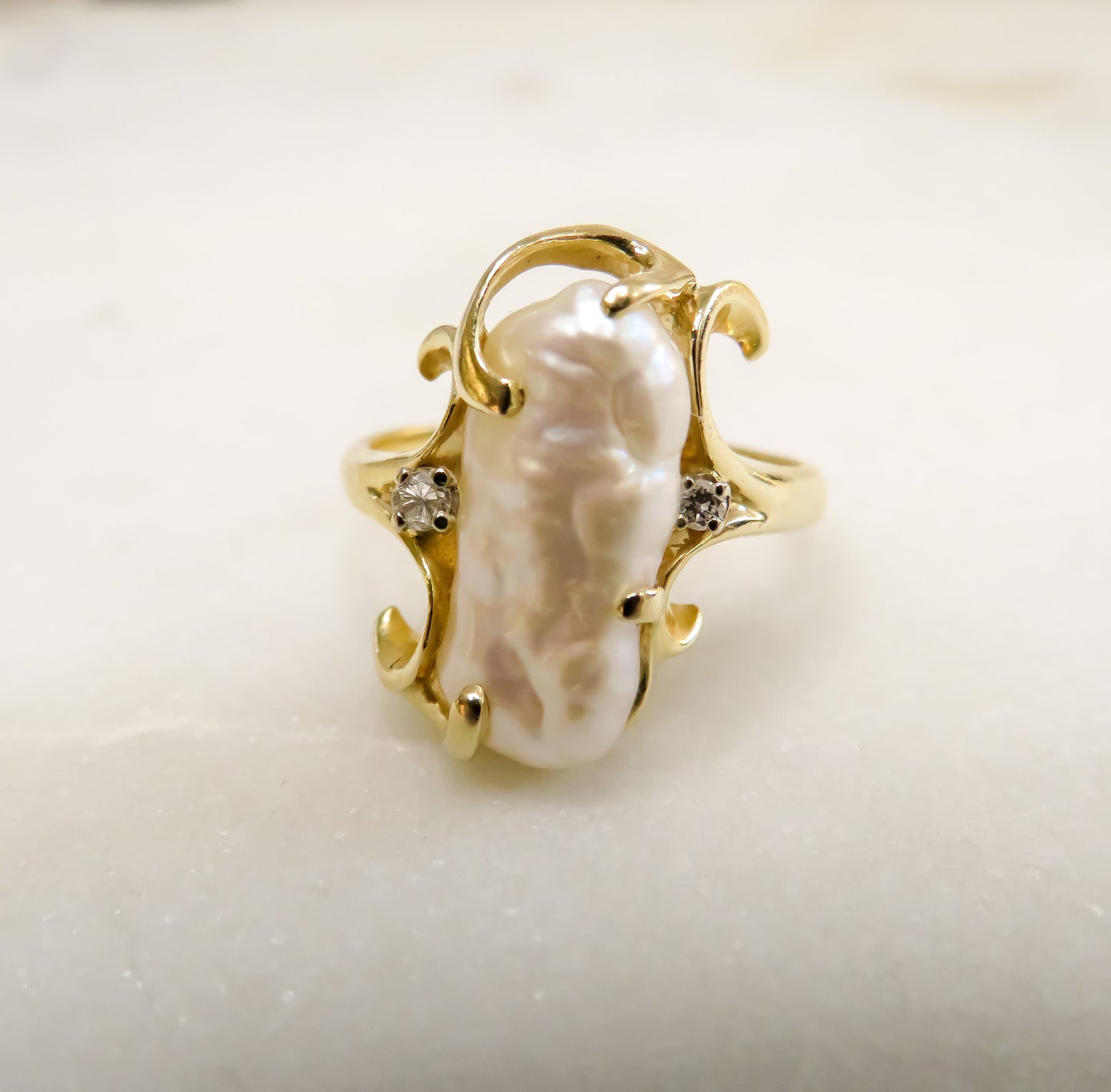 Freshwater Pearl and Diamond Ring in 14K Gold