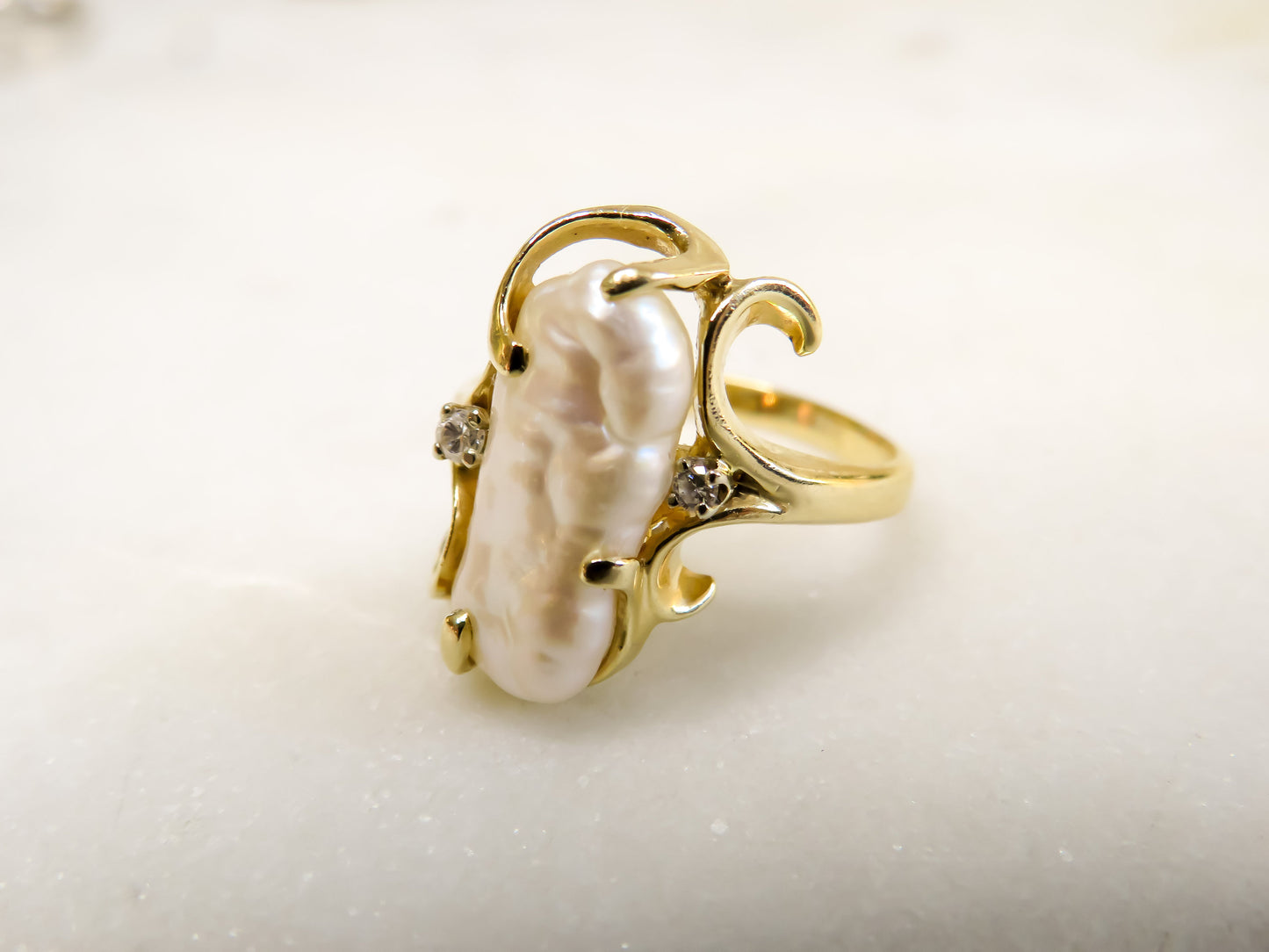 Freshwater Pearl and Diamond Ring in 14K Gold