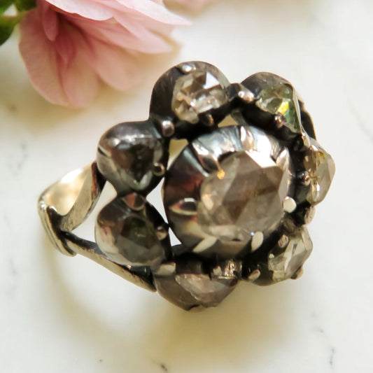 Rose Cut Diamond Flower Ring Late Georgian to Early Victorian