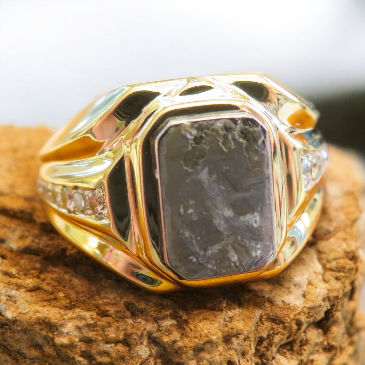 Meterorite Ring with Diamonds in 14K Yellow Gold