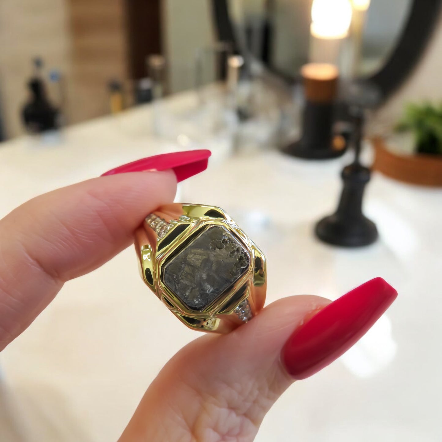 Meterorite Ring with Diamonds in 14K Yellow Gold