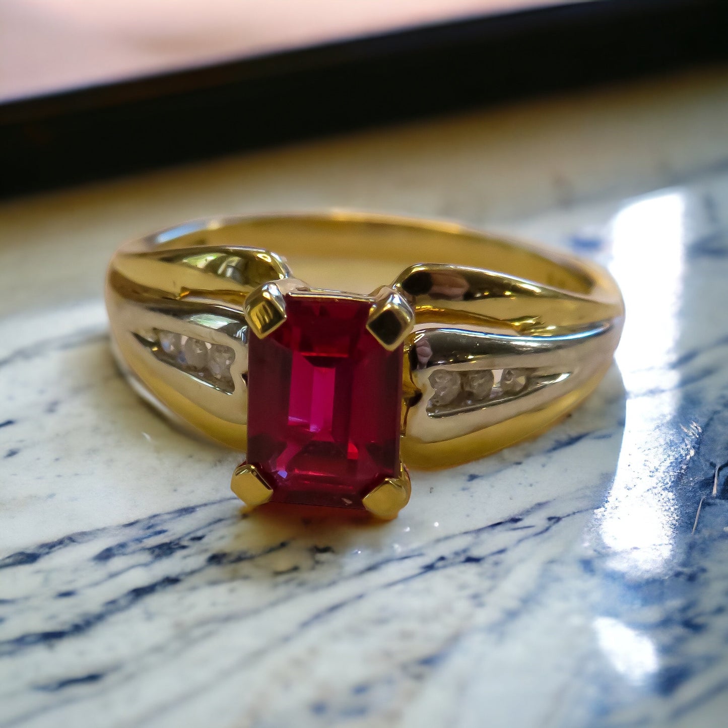 Vintage Created Ruby and Natural Diamond Ring