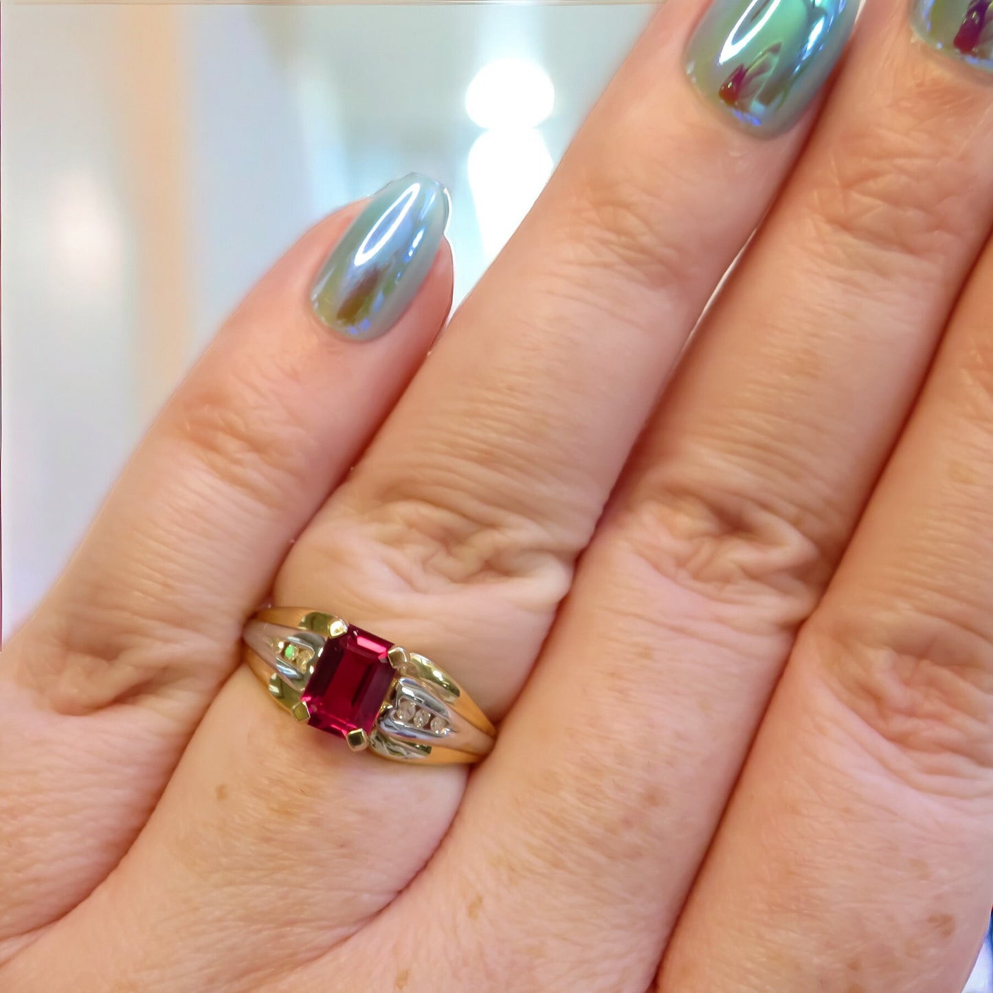 Vintage Created Ruby and Natural Diamond Ring