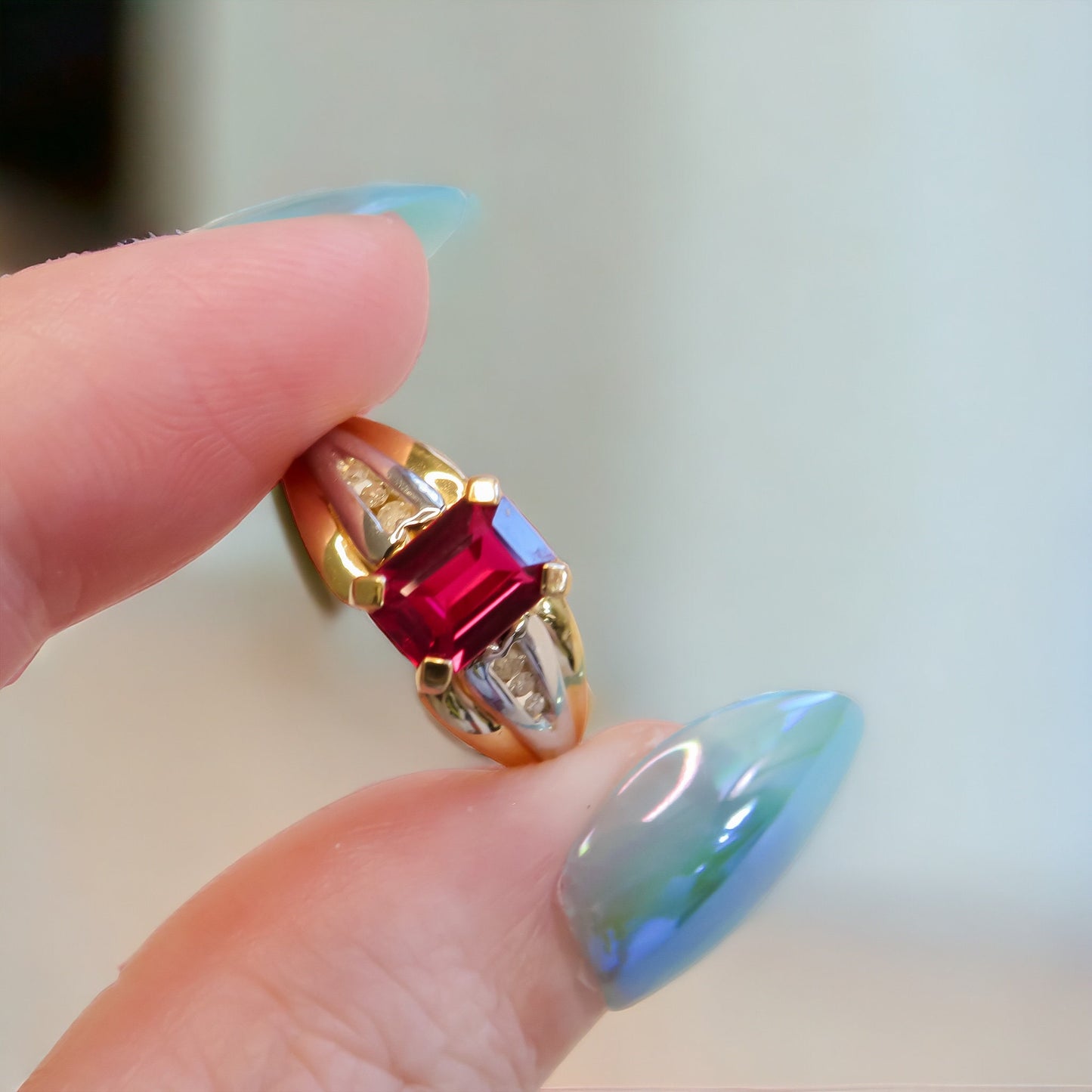 Vintage Created Ruby and Natural Diamond Ring