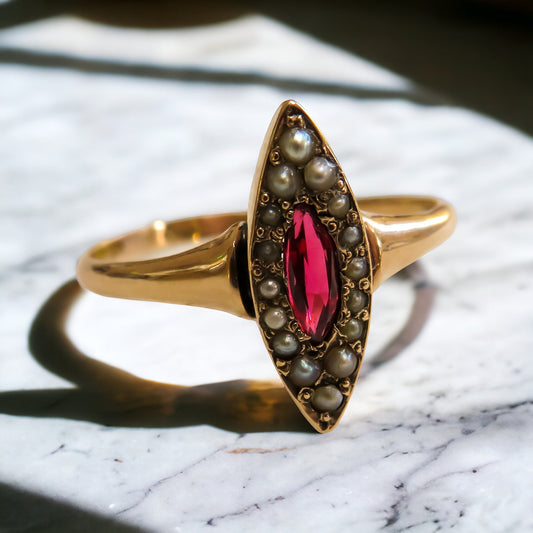 Victorian Pink Tourmaline and Pearl Navette Ring