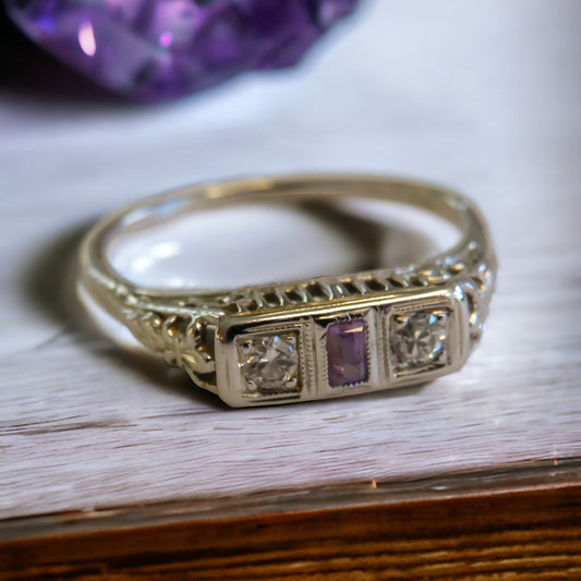 Art Deco Diamond and Purple Sapphire Trilogy Ring