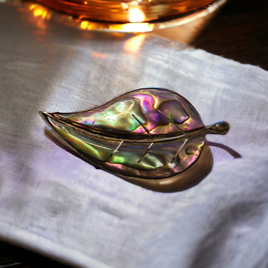 Vintage Sterling Silver and Abalone Leaf Brooch