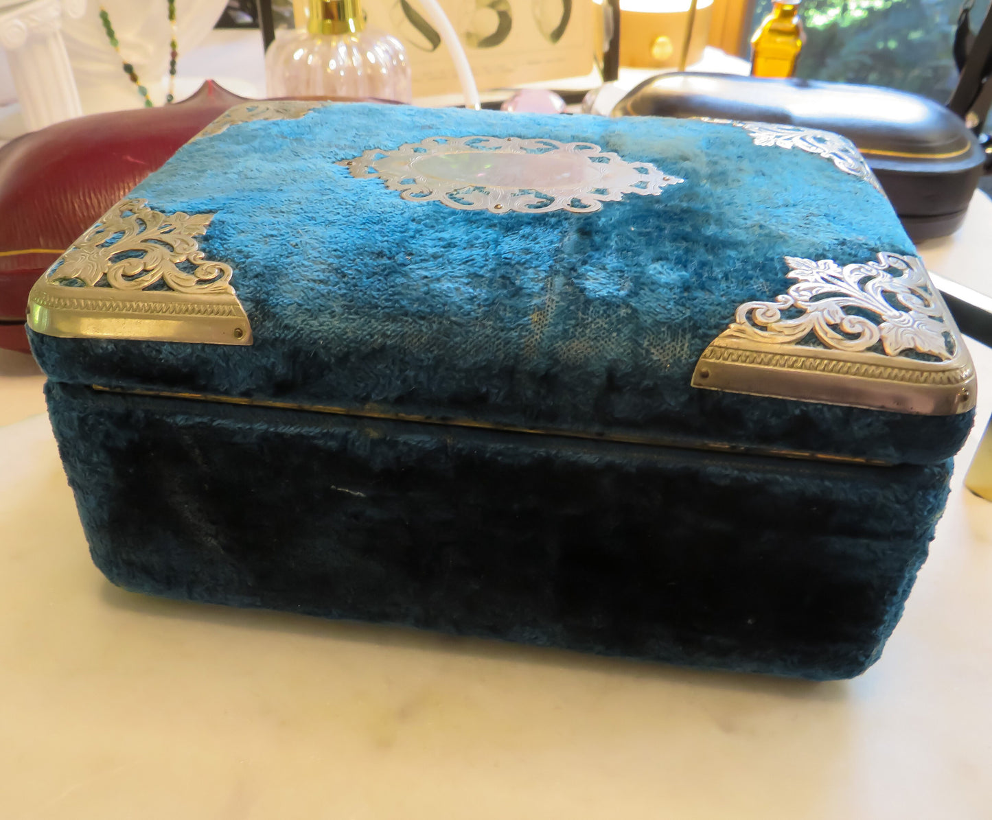 Antique Victorian Velvet Jewelry Box in Rich Teal Blue