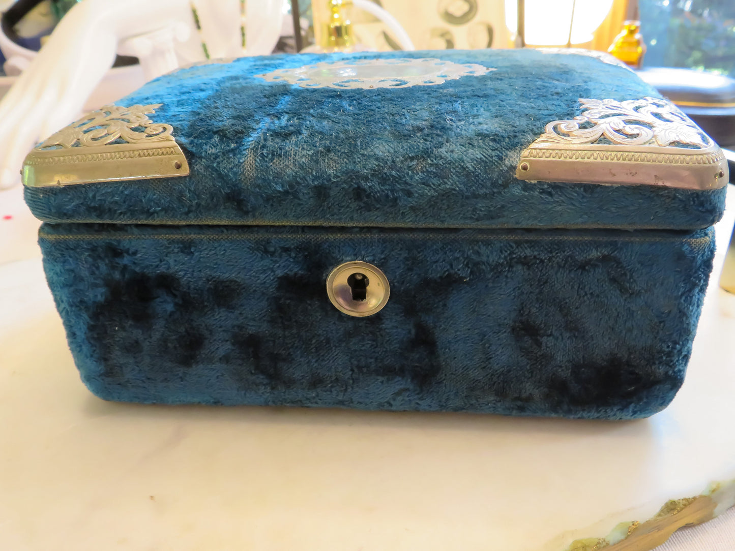 Antique Victorian Velvet Jewelry Box in Rich Teal Blue