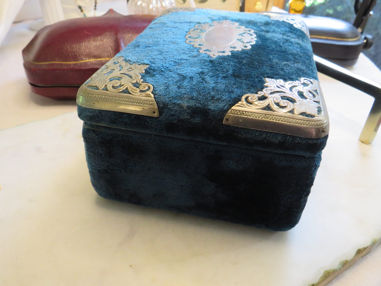 Antique Victorian Velvet Jewelry Box in Rich Teal Blue