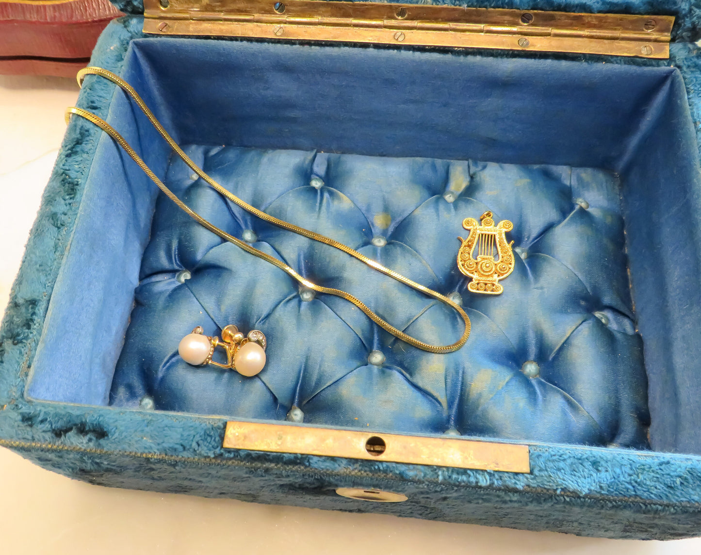 Antique Victorian Velvet Jewelry Box in Rich Teal Blue