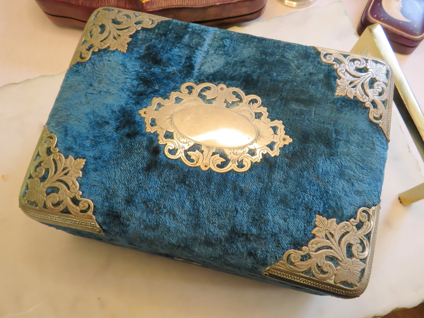 Antique Victorian Velvet Jewelry Box in Rich Teal Blue