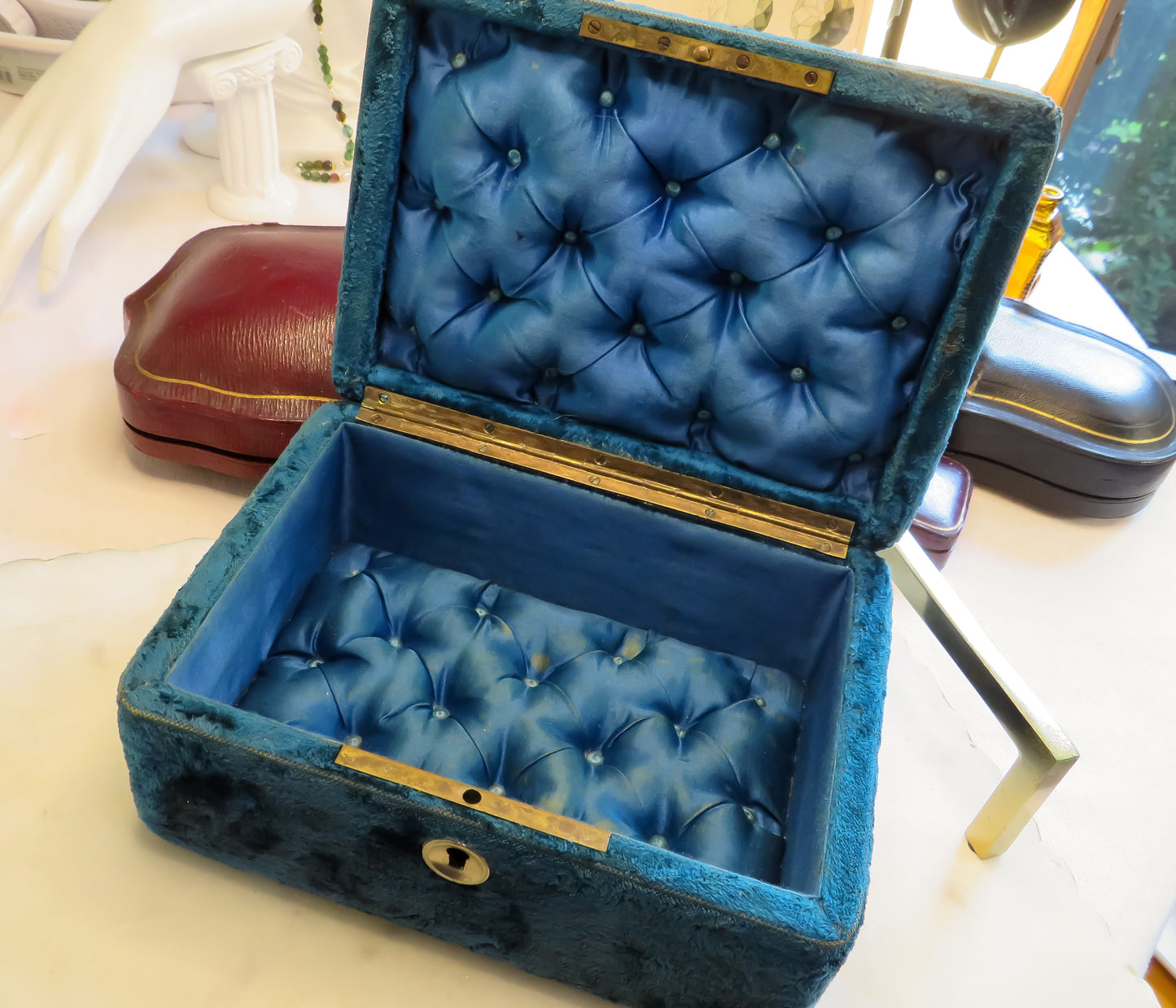 Antique Victorian Velvet Jewelry Box in Rich Teal Blue