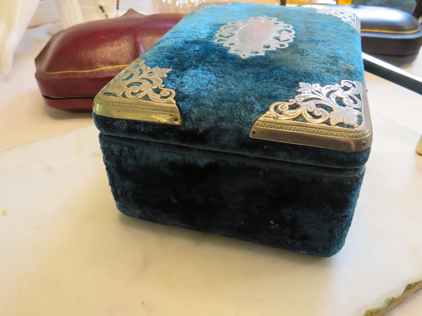 Antique Victorian Velvet Jewelry Box in Rich Teal Blue