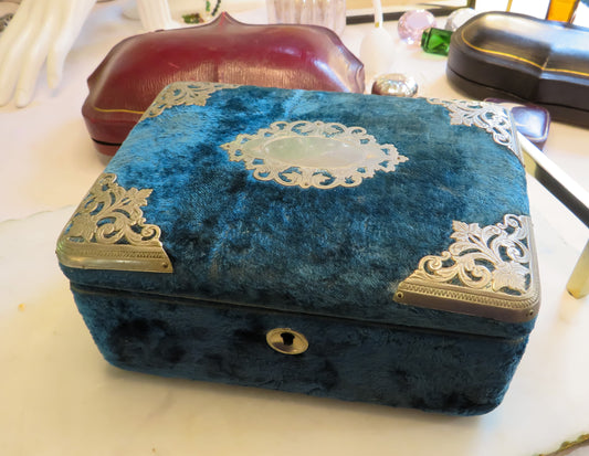 Antique Victorian Velvet Jewelry Box in Rich Teal Blue