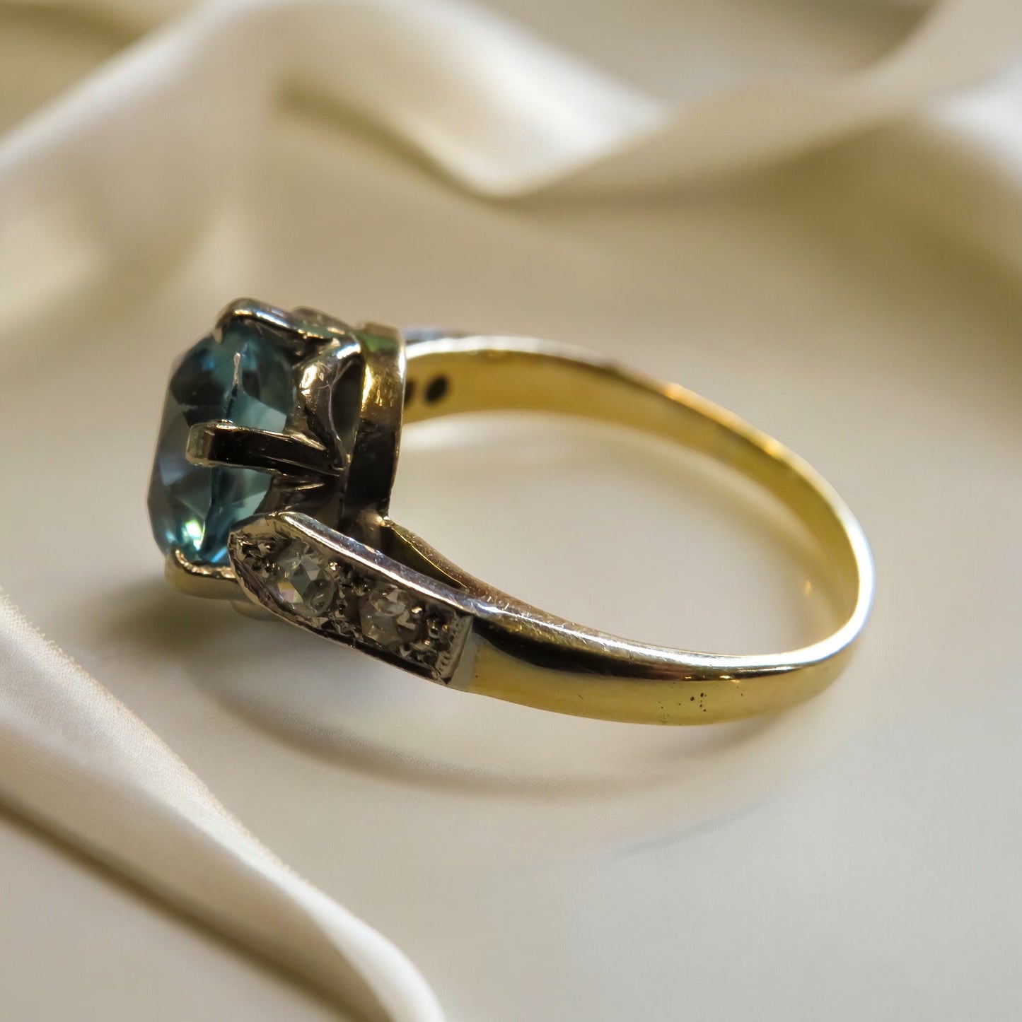 Old Cut Blue Zircon Ring in Platinum and 18K