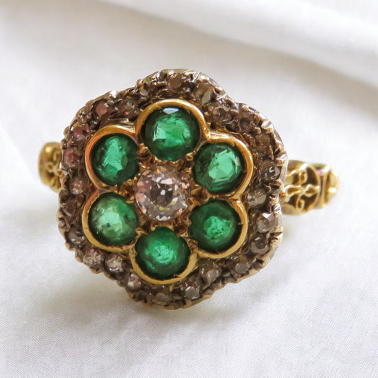 Early Victorian Emerald and Old Mine Cut Diamond Cluster Ring