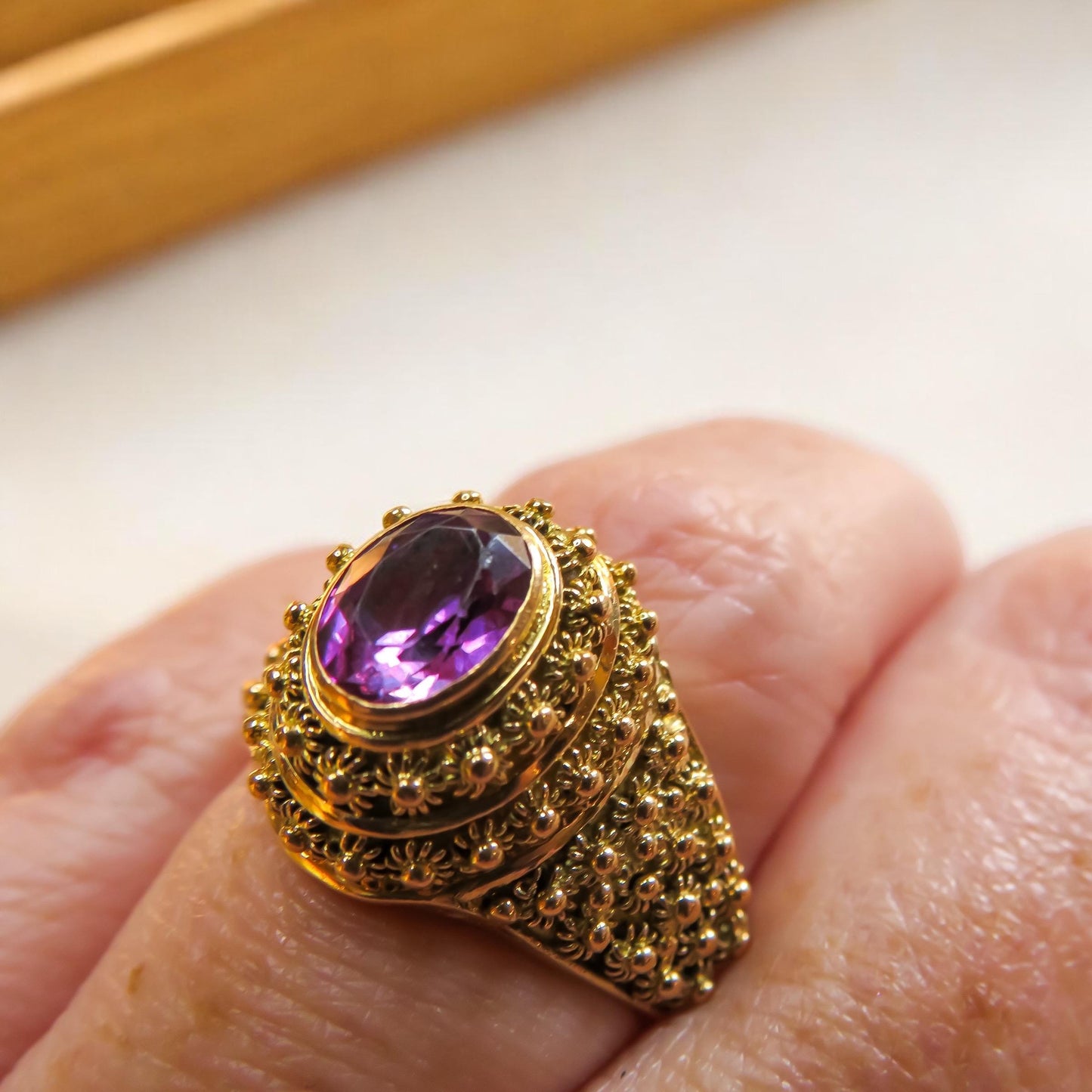 Etruscan Revival Purple Sapphire Ring in 18K