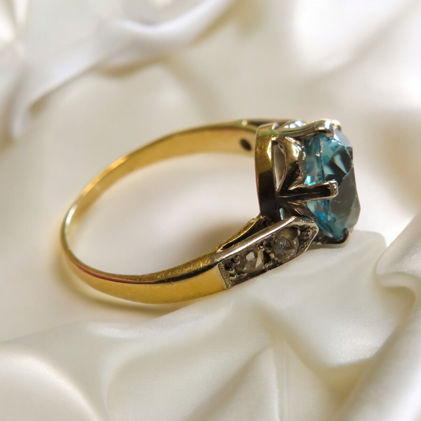 Old Cut Blue Zircon Ring in Platinum and 18K