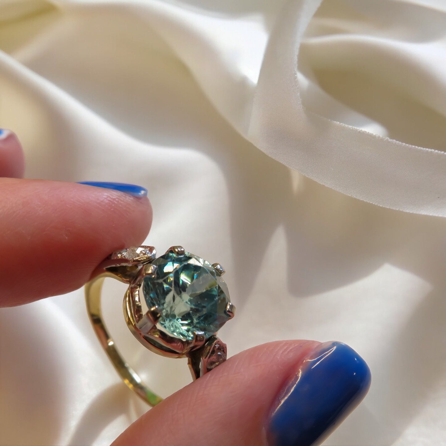 Old Cut Blue Zircon Ring in Platinum and 18K